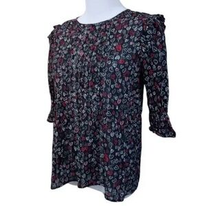 LOFT Black Blouse with Novelty Heart Print